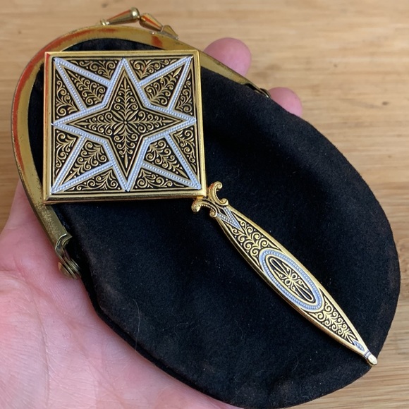 Vintage Handbags - Vintage 1930’s Art Deco \ Nouveau Hand Held Vanity Mirror With Kiss Lock Pouch